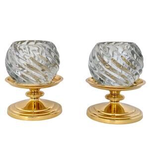 Partylite Swirl Votive Tea Light Glass Candle Holder Brass Pedestal Pair Set of2